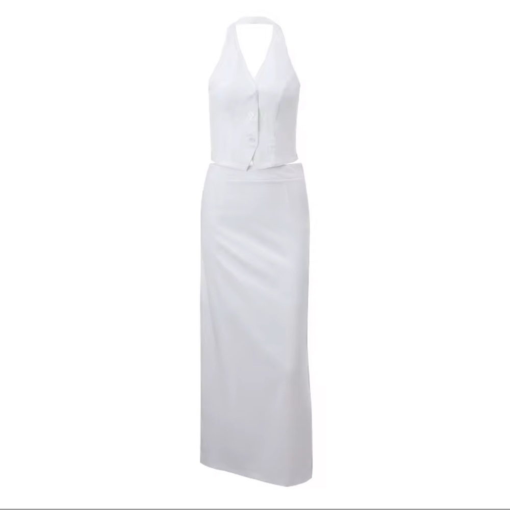 Sexy Elegant White V Neck Two Piece Sleeveless Dress - Picture 6 of 7